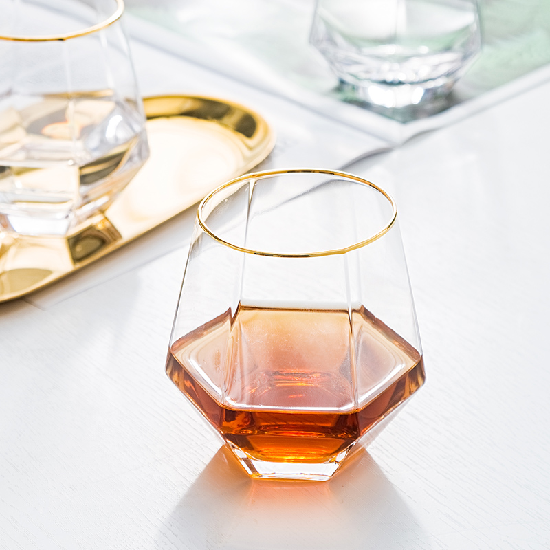 日式六棱无铅玻璃洋酒杯威士忌酒杯创意透明烈酒杯家用冷饮杯子